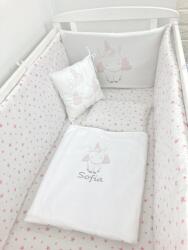 Deseda Lenjerie de patut bebelusi personalizata imprimata pat 120x60 cm stelute roz pe alb unicorn
