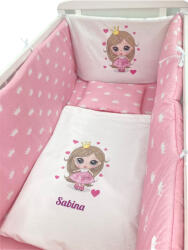 Deseda Lenjerie de patut bebelusi personalizata imprimata pat 140x70 cm printesa cu coronite albe pe roz