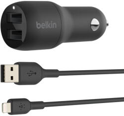 Belkin BOOST CHARGE Car Charger Dual USB-A 24W + USB-A to Lightning Cable - Black (CCD001bt1MBK)
