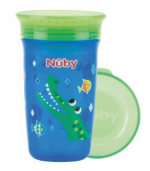 Nuby - Cana magica, 360°, Cu supapa din silicon, Cu capac, 300 ml, 6+ luni, Albastru/Verde (NV0414002BLUE)