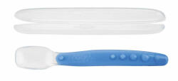 Nuby - Lingura din silicon pentru bebelusi, Cu maner arcuit, Cu carcasa de depozitare, 3+ luni, Albastru (ID5555BLUE)
