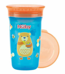 Nuby - Cana magica, 360°, Cu supapa din silicon, Cu capac, 300 ml, 6+ luni, Albastru/Portocaliu (NV0414002AQUA) Set pentru masa bebelusi