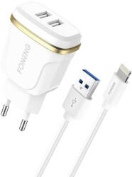 FONENG T240 2x USB fali töltő, 2.4A + USB-Lightning kábel (fehér)