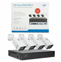 PNI Kit supraveghere video pni house ipmax poe 3, nvr cu 4 porturi poe, onvif si 4 camere cu ip 3mp, de exterior, power over ethernet, detectie chip, detectie miscare, 4 cabluri, alimentator, mouse, intra