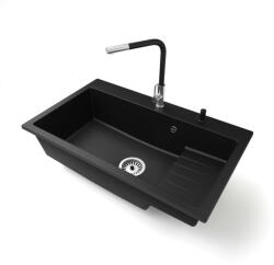 Gránit mosogatótálca NERO Boss + kihúzható Linea csaptelep + adagoló (matt fekete)