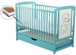 BabyNeeds - Patut din lemn Timmi 120x60 cm, Cu sertar cu capac, Din lemn de pin si mdf, Stabil si rezistent, Inaltime saltea reglabila pe 3 nivele, Laterala cu 3 bete detasabile, EN716-1, EN716-2, Mint + Saltea