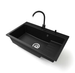Gránit mosogatótálca NERO Boss + Steel csaptelep + dugókiemelő (matt fekete)
