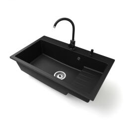 Gránit mosogatótálca NERO Boss + magasított csaptelep + adagoló (matt fekete)