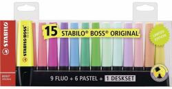 STABILO Textmarker Stabilo Boss Original, 15 culori/set, 9 culori fluorescente, 6 culori pastelate, cu suport de birou (SW70150B)