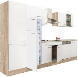 Leziter Yorki 340 konyhabútor sonoma tölgy korpusz, selyemfényű fehér fronttal polcos szekrénnyel és felülfagyasztós hűtős szekrénnyel (L340STFH-PSZ-FF) - homelux