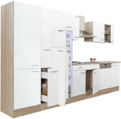 Leziter Yorki 370 konyhabútor sonoma tölgy korpusz, selyemfényű fehér fronttal polcos szekrénnyel és felülfagyasztós hűtős szekrénnyel (L370STFH-PSZ-FF) - homelux