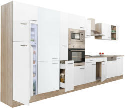 Leziter Yorki 430 konyhabútor sonoma tölgy korpusz, selyemfényű fehér fronttal felülfagyasztós hűtős szekrénnyel (L430STFH-FF) - homelux