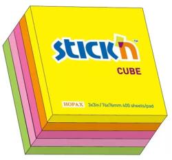 STICK'N Cub notite autoadeziv 76x76 mm, 400 file neon, STICK'N - 5 culori (HO-21538)
