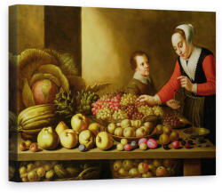 Norand Tablou Canvas - Floris van Schooten - Fata de vanzare struguri de la o masa mare incarcat cu fructe si legume (B67242)