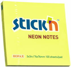 STICK'N Notes autoadeziv 76x76 mm, 100 file, STICK'N Neon - Galben (HO-21133)