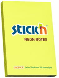 STICK'N Notes autoadeziv 76x51 mm, 100 file, STICK'N Neon - Galben (HO-21132)