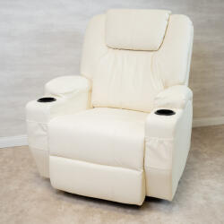  Relax fotelágy elektromosan dönthető háttámlával, lábtartóval, pohártartóval, vibrációs masszázzsal bézs műbőr (ELEC-MASS-CUP-BEIGE-PU)