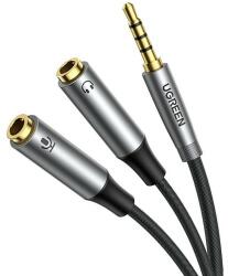 UGREEN AV192 AUX audio elosztó 3, 5 mm-es mini jack kábel, dugós a fejhallgatóhoz + mikrofon, anya, 20 cm, szürke (50254)