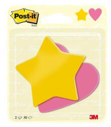 3M Öntapadó jegyzettömb, szív és csillag forma, 70x72 mm, 2x30 lap, sárga és rózsaszín (LPBC2030SHEU) - onlinepapirbolt