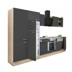 Leziter Yorki 340 konyhabútor sonoma tölgy korpusz, selyemfényű antracit front alsó sütős elemmel polcos szekrénnyel és felülfagyasztós hűtős szekrénnyel (L340STAN-SUT-PSZ-FF) - homelux