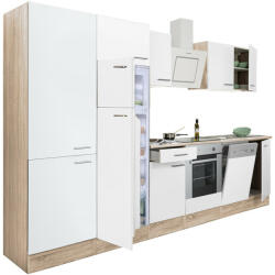 Leziter Yorki 340 konyhabútor sonoma tölgy korpusz, selyemfényű fehér front alsó sütős elemmel polcos szekrénnyel és felülfagyasztós hűtős szekrénnyel (L340STFH-SUT-PSZ-FF) - homelux