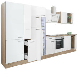 Leziter Yorki 360 konyhabútor sonoma tölgy korpusz, selyemfényű fehér front alsó sütős elemmel polcos szekrénnyel és felülfagyasztós hűtős szekrénnyel (L360STFH-SUT-PSZ-FF) - homelux