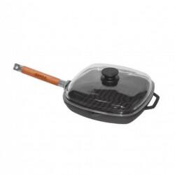 BIOL Tigaie-grill fonta cu maner lemn detasabil si capac sticla 28*28cm