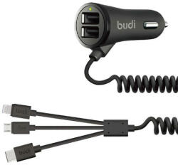 budi Autótok 2x USB Budi 068T3, 3.4A + 3v1 USB-USB-C / Lightning / Micro USB kábel (černá)