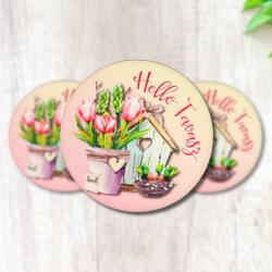  Nyomtatott fa tábla - Hello Tavasz - tulipános, kör 3db/cs