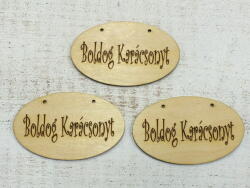  Natúr fa - "Boldog karácsonyt" gravírozott ovál tábla 9x5, 5cm 3db/csomag