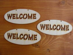  Natúr fa - "Welcome" áttört ovál táblák 6x14cm 3db/csomag