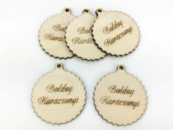 Natúr fa - "Boldog Karácsonyt" fodros gömb kicsi 5db/csomag - kosarbolt