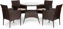 Garden Select 5 részes rattan kerti bútor szett 4 stílusos székkel és üveg asztallal (90×73 cm), kényelmes bézs színű pérnékkal, fém vázas konstrukció, barna