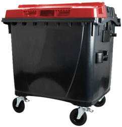  1100 L-es nagyméretű hulladékgyűjtő lapos tetejű műanyag konténer (fekete/piros) (07_0013-3_-_6V_-_V_szemetes)
