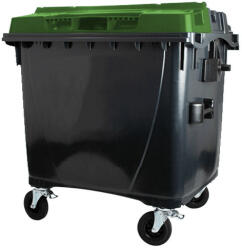  1100 L-es nagyméretű hulladékgyűjtő lapos tetejű műanyag konténer (fekete/zöld) (07_0013-3_-_2V_-_V_szemetes)