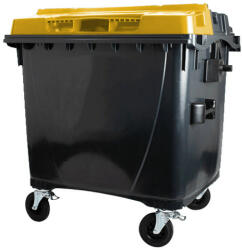 1100 L-es nagyméretű hulladékgyűjtő lapos tetejű műanyag konténer (fekete/sárga) (07_0013-3_-_4V_-_V_szemetes)