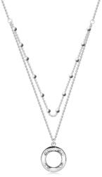 Ekszer Eshop 925 ezüst nyaklánc - dupla lánc, briliánsok, kivágott gyűrű, gyöngyök