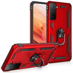 case-664818225 Samsung Galaxy S21 5G piros hibrid PC TPU Műanyag hátlap tok, közepesen ütésálló, defender, szilikon belső, telefontartó gyűrű (case-664818225)