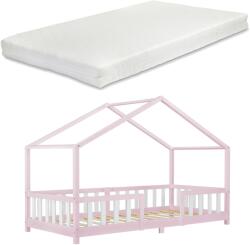[en. casa] [en. casa]® Gyerekágy Treviolo matraccal kiesés elleni védelemmel ágyráccsal fenyőfa 200x90 cm Rózsaszín / fehér, matt lakkozott (76948106)
