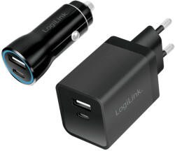 LogiLink USB töltőkészlet, autós és váltóáramú, USB-C/F + USB-A/F, 5 V/15 W, fekete (PA0300)