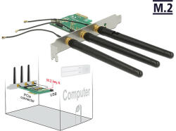 Delock PCI Express-kártya > 1 x belso A formátumú M. 2 nyílással, 3 külso antennával - alacsony profi (89568) (89568)