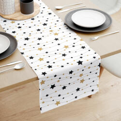 Goldea karácsonyi pamut asztali futó - arany és fekete csillagok fehér alapon 20x120 cm