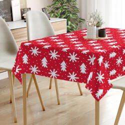 Goldea karácsonyi pamut asztalterítő - hópihék és karácsonyfák piros alapon 100 x 100 cm