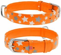 WAU DOG Lapos bőr nyakörv izzó narancssárga csillagokkal 19-25cm, szélesség: 9mm narancssárga