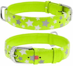 WAU DOG Lapos bőrnyakörv zölden izzó csillagokkal 21-29 cm, szélesség: 12 mm zöld