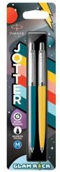 Parker Golyóstoll szett, 0, 7 mm, ezüst színű klip, kék és sárga tolltest, PARKER "Jotter Glam Rock", kék (2 db)