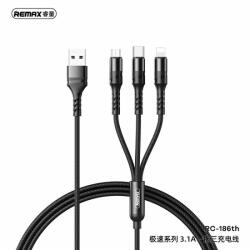 REMAX adatkábel 3in1, USB - Lightning/ Type C/ Micro USB 3, 1 A, 1, 2m, fekete RC-186th