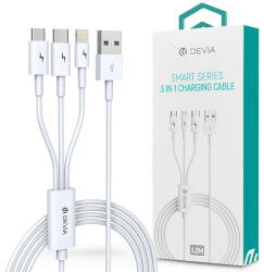 DEVIA Smart Series 3in1 10W Lightning/microUSB/Type-C - töltőkábel 1, 2 m - fehér