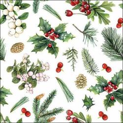 Ambiente Karácsonyi magyal - fenyőágas mintájú szalvéta - Winter greenery white (VR-33316495)