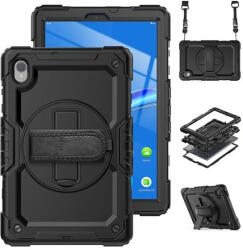 Lenovo Tab M10 Plus (10.3) TB-X606F, Műanyag hátlap védőtok, szilikon belső, kitámasztóval, kézpánt, vállpánt, Defender, fekete